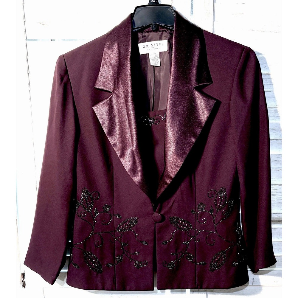 JR nites by caliendo Evening Blazer Wine Sz 14T LS Beads Satin Lapels Romance